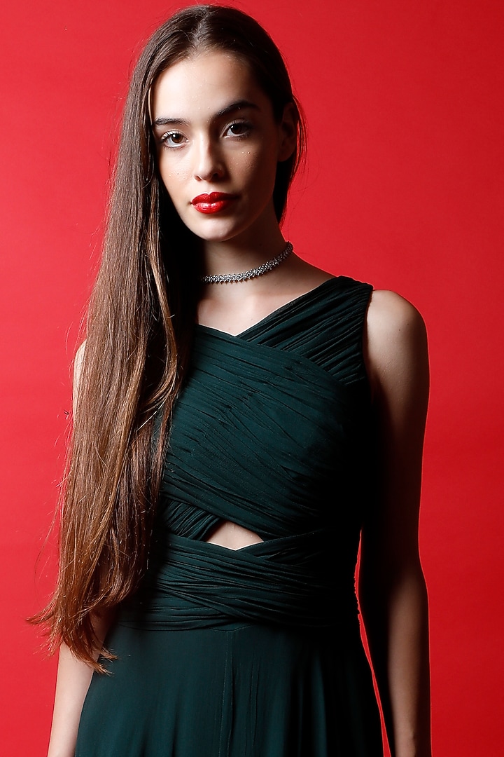 Moss Green Asymmetrical Maxi Vacation Dress by Swatee Singh at Pernia's Pop Up Shop