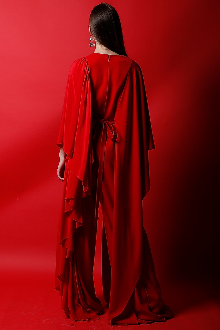 Candy Red Jumpsuit With Flag Drape by Swatee Singh at Pernia's Pop Up Shop