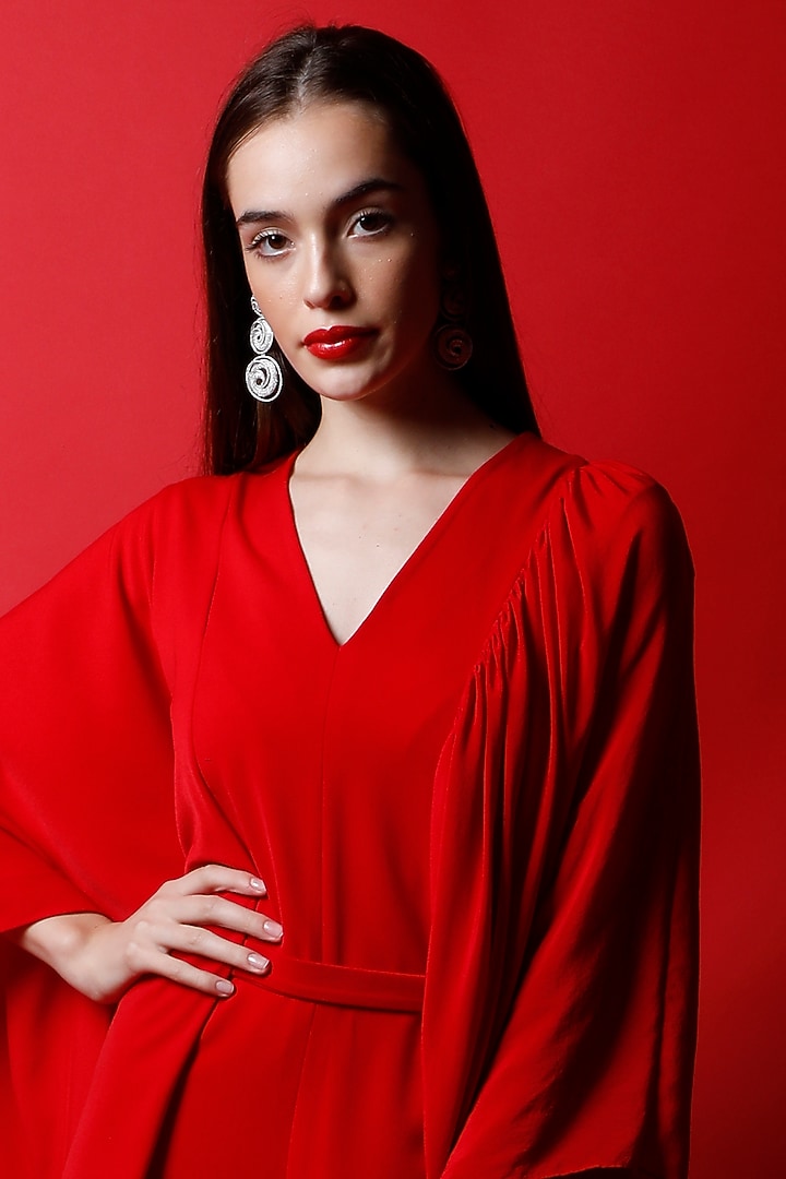 Candy Red Jumpsuit With Flag Drape by Swatee Singh at Pernia's Pop Up Shop