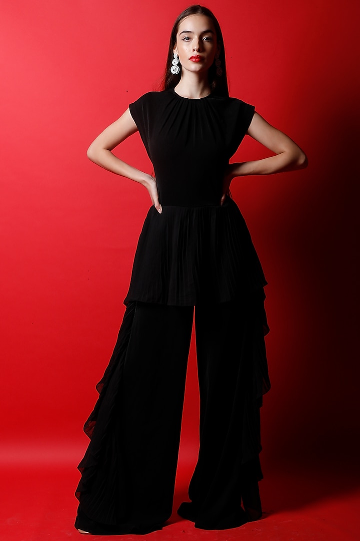 Black Crepe & Georgette Jumpsuit by Swatee Singh