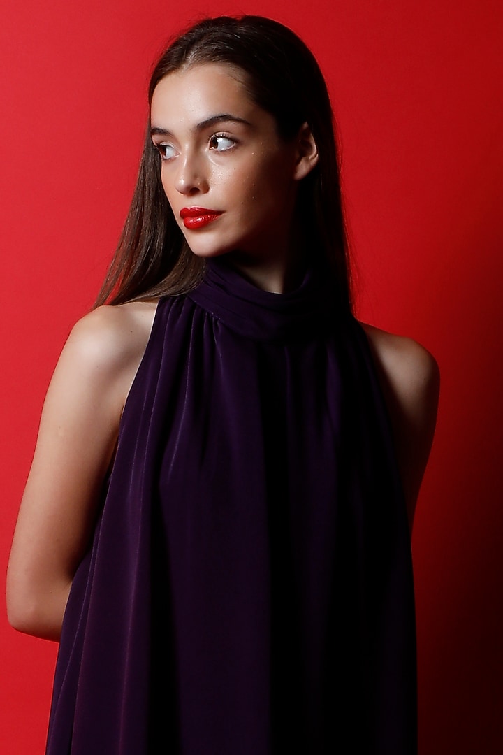 Wine Purple Crepe Flared Mini Summer Dress by Swatee Singh at Pernia's Pop Up Shop