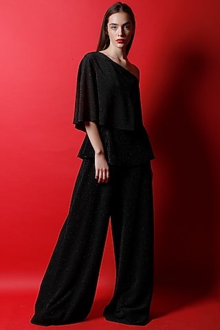 Black One-Shoulder Peplum Jumpsuit by Swatee Singh