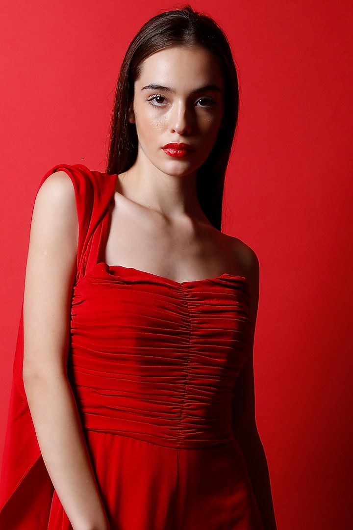 Candy Red Crepe Corset Jumpsuit by Swatee Singh at Pernia's Pop Up Shop