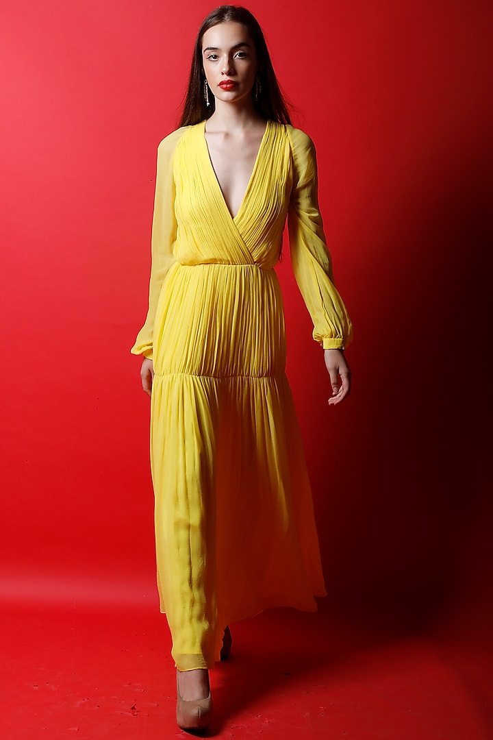 Tulip Yellow Georgette Maxi Dress by Swatee Singh