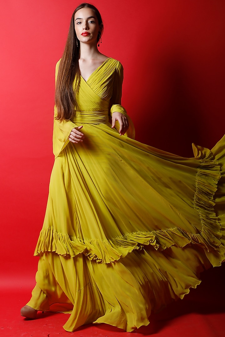 Pineapple Mustard Georgette Ruched Gown by Swatee Singh