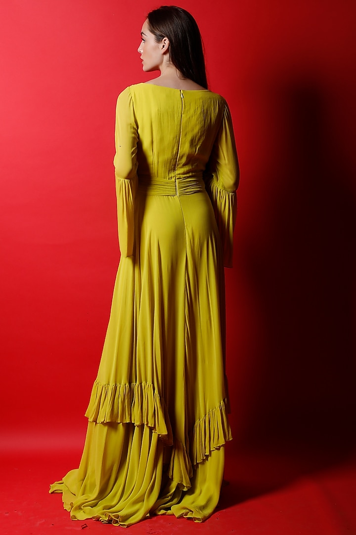 Pineapple Mustard Georgette Ruched Gown by Swatee Singh at Pernia's Pop Up Shop