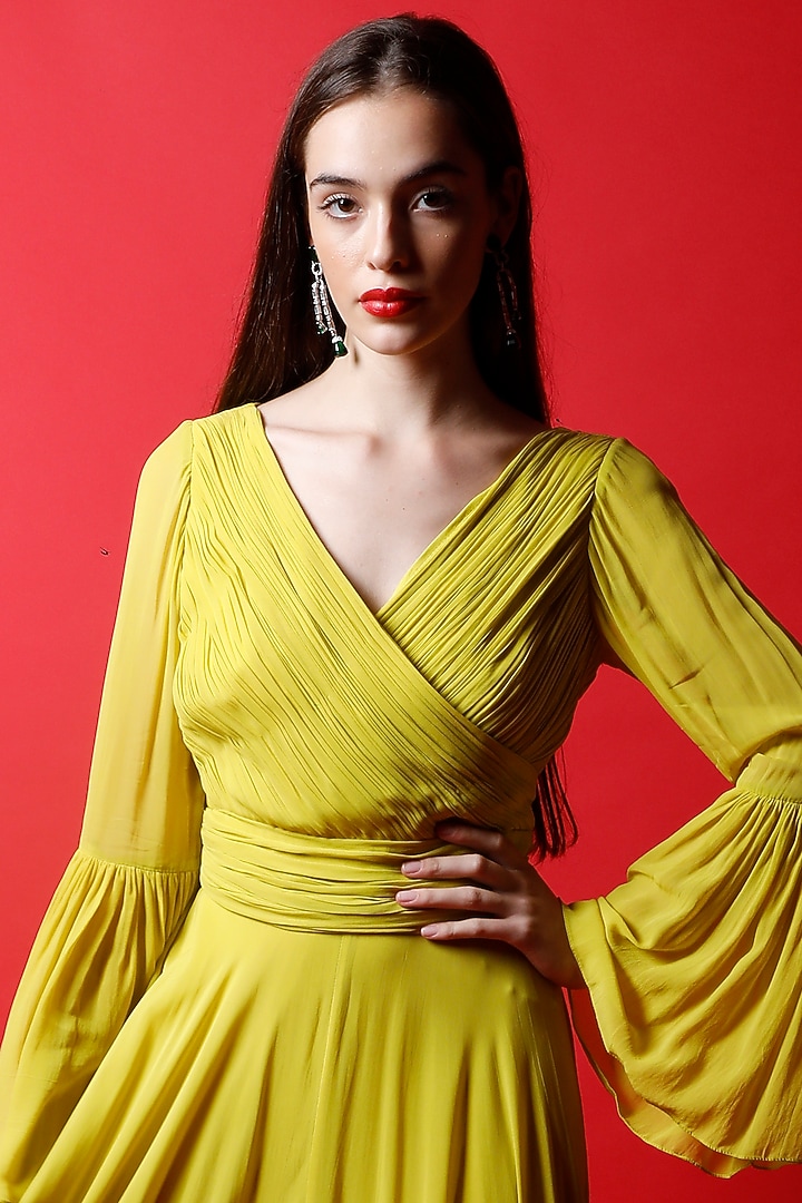 Pineapple Mustard Georgette Ruched Gown by Swatee Singh at Pernia's Pop Up Shop