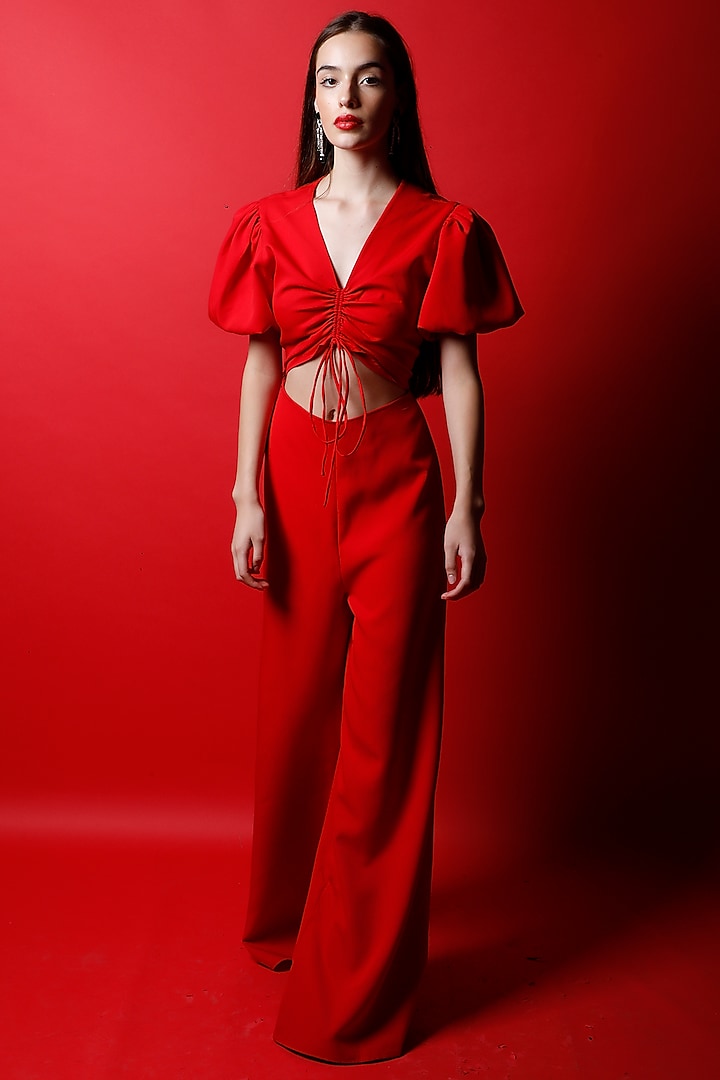 Candy Red Crepe Jumpsuit by Swatee Singh