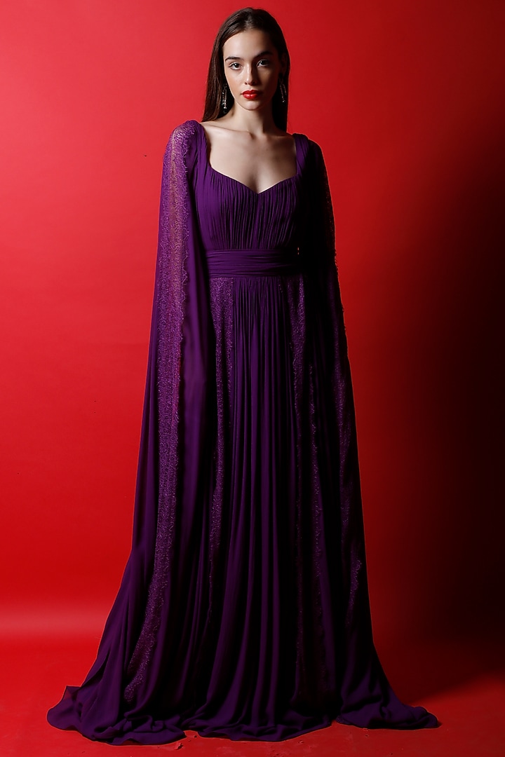 Wine Purple Georgette & Applique Lace Gown by Swatee Singh
