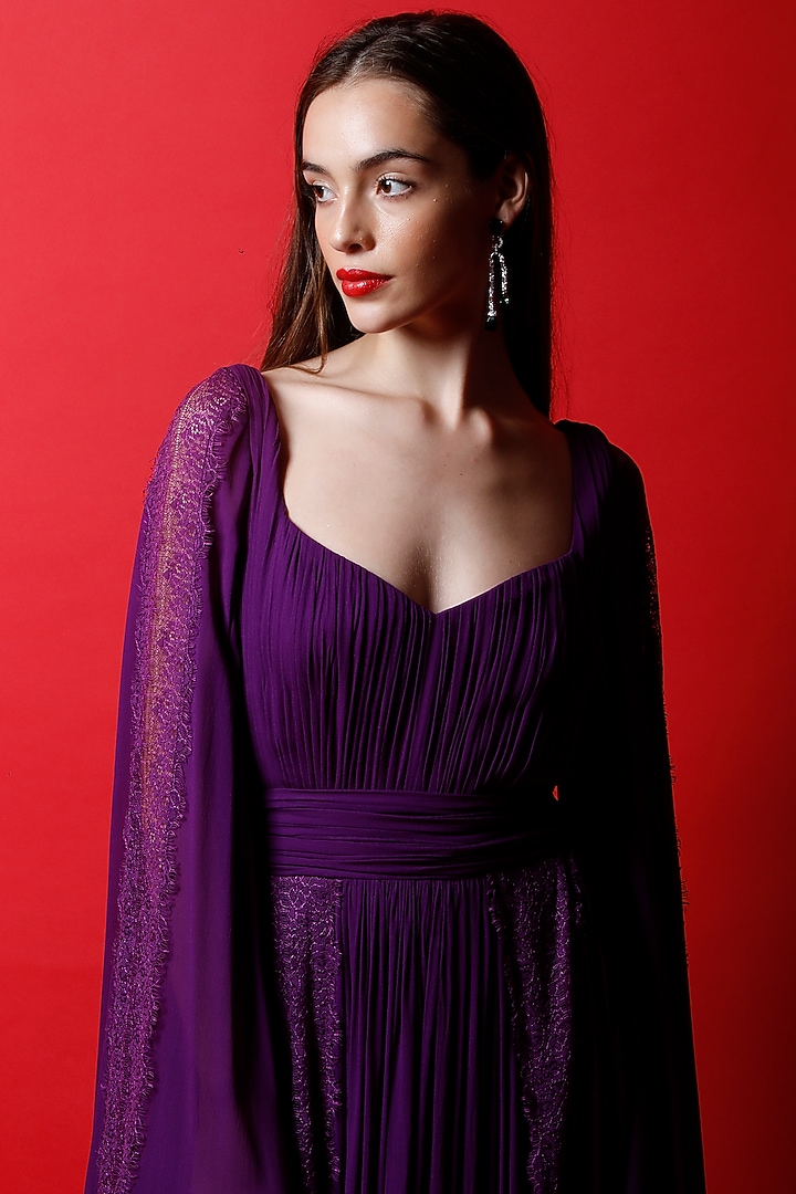 Wine Purple Georgette & Applique Lace Gown by Swatee Singh at Pernia's Pop Up Shop