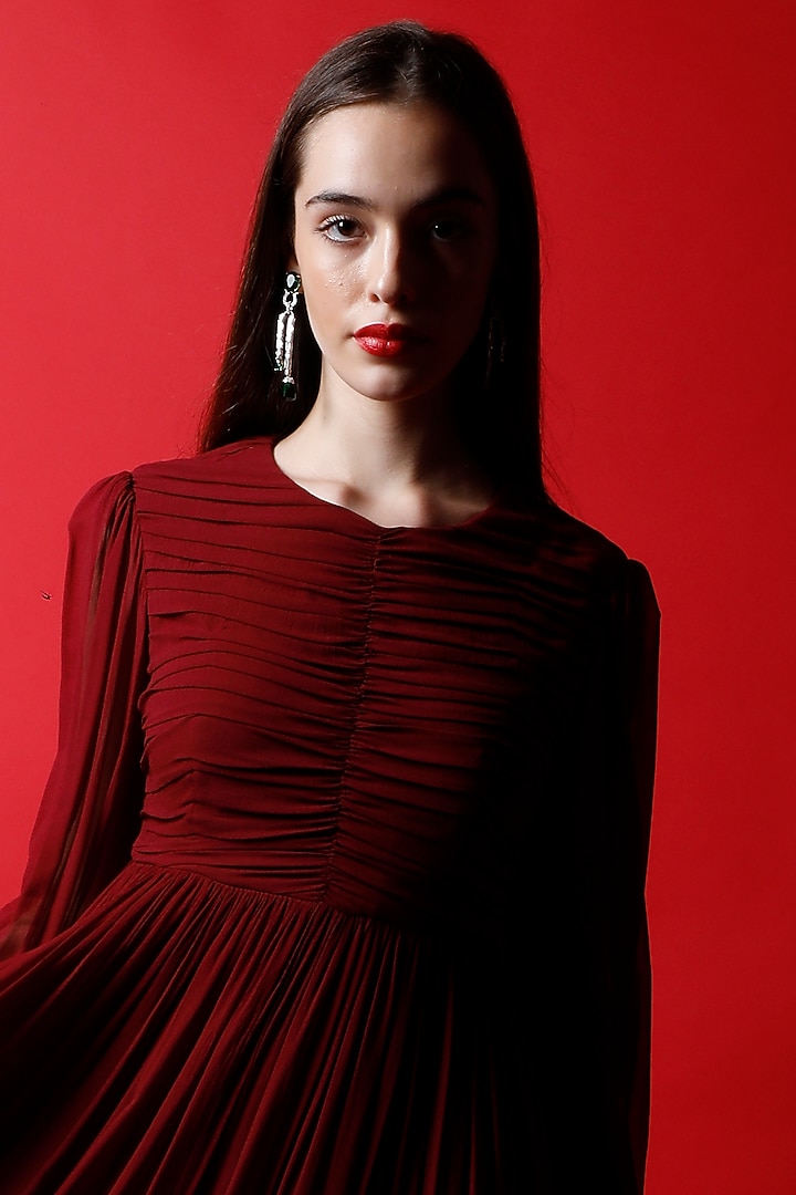 Mahogany Georgette Ruched Backless Maxi Vacation Dress by Swatee Singh at Pernia's Pop Up Shop