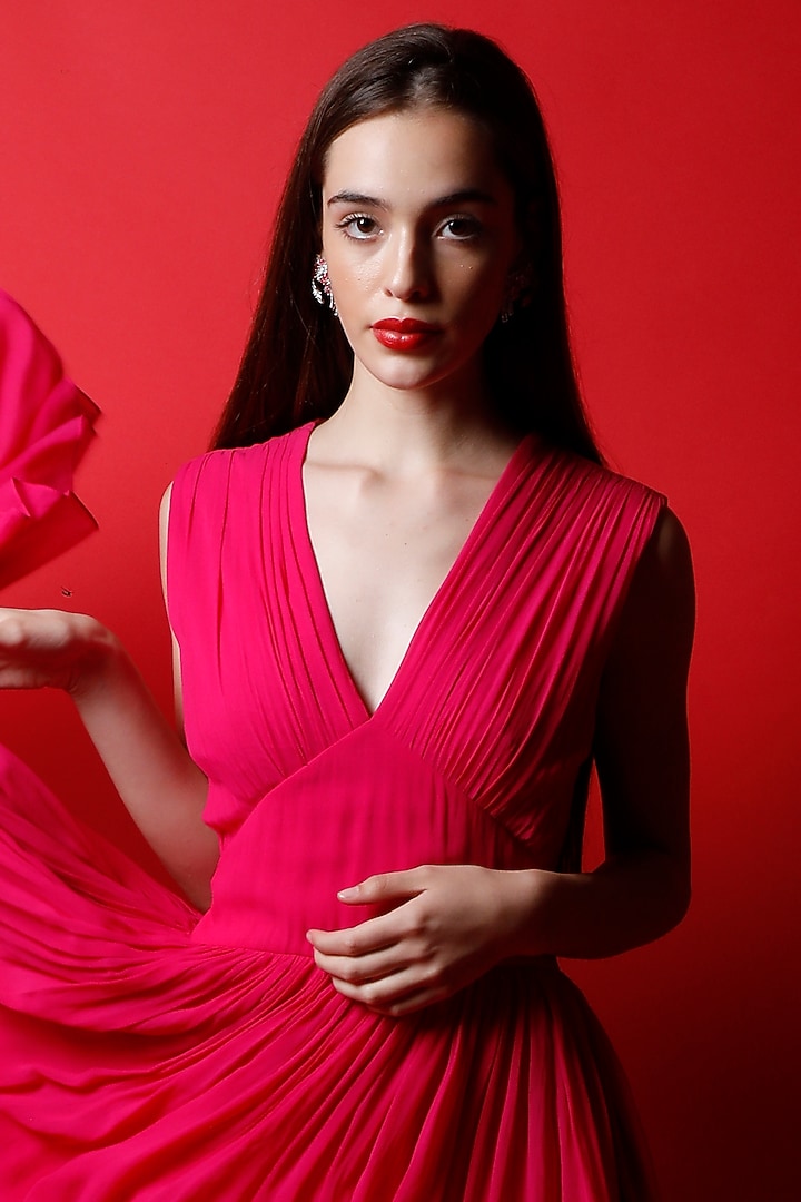 Fuchsia Georgette Tiered Maxi Gown by Swatee Singh at Pernia's Pop Up Shop
