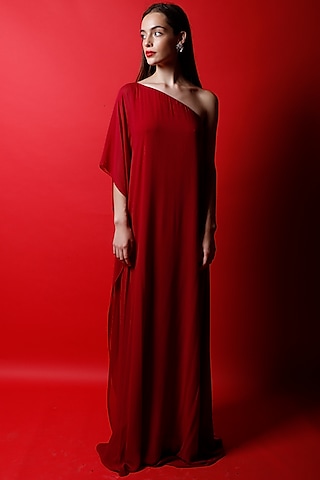 Berry Georgette One-Shoulder Kaftan Maxi Dress by Swatee Singh