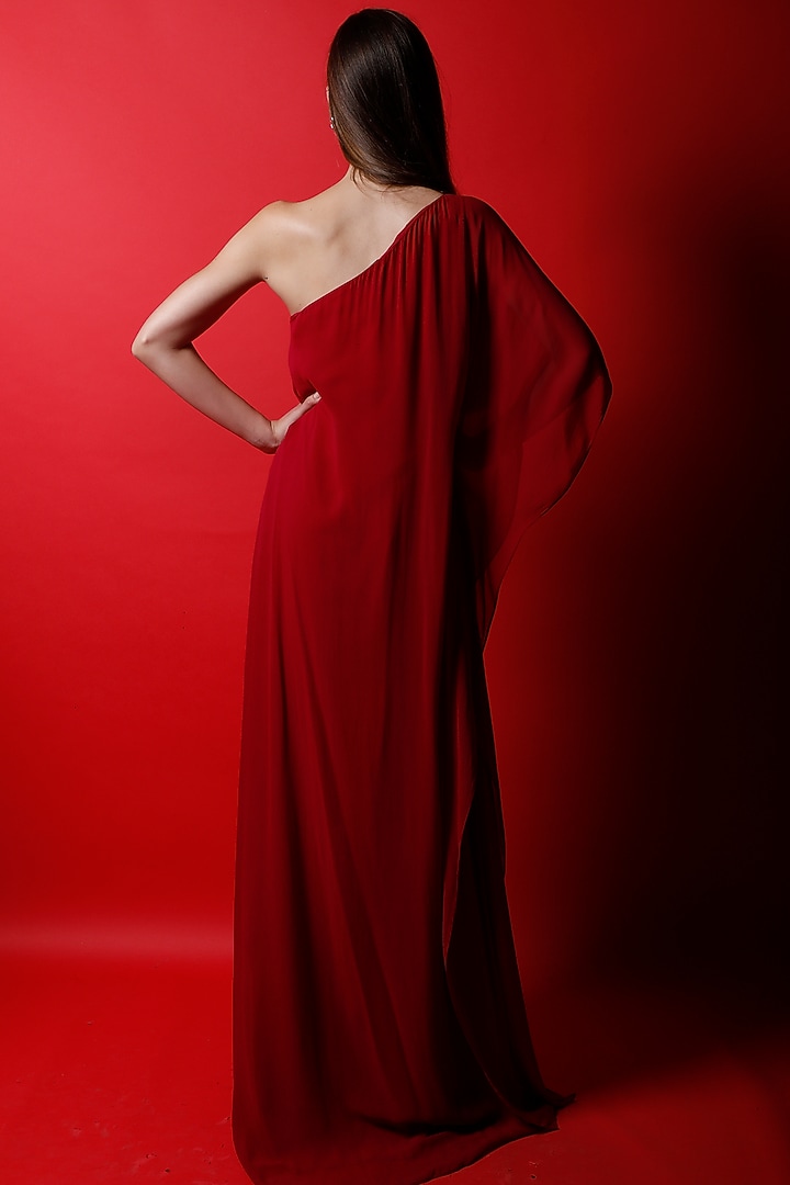 Berry Georgette One-Shoulder Kaftan Maxi Vacation Dress by Swatee Singh at Pernia's Pop Up Shop