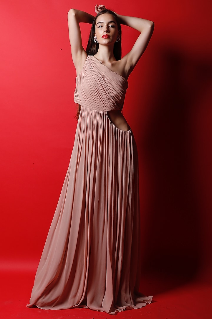 Blush Pink Ruched One-Shoulder Maxi Gown by Swatee Singh