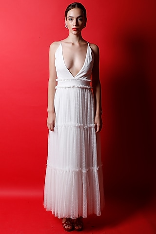 Ivory Polka-Dotted Lace Strappy Tiered Dress by Swatee Singh
