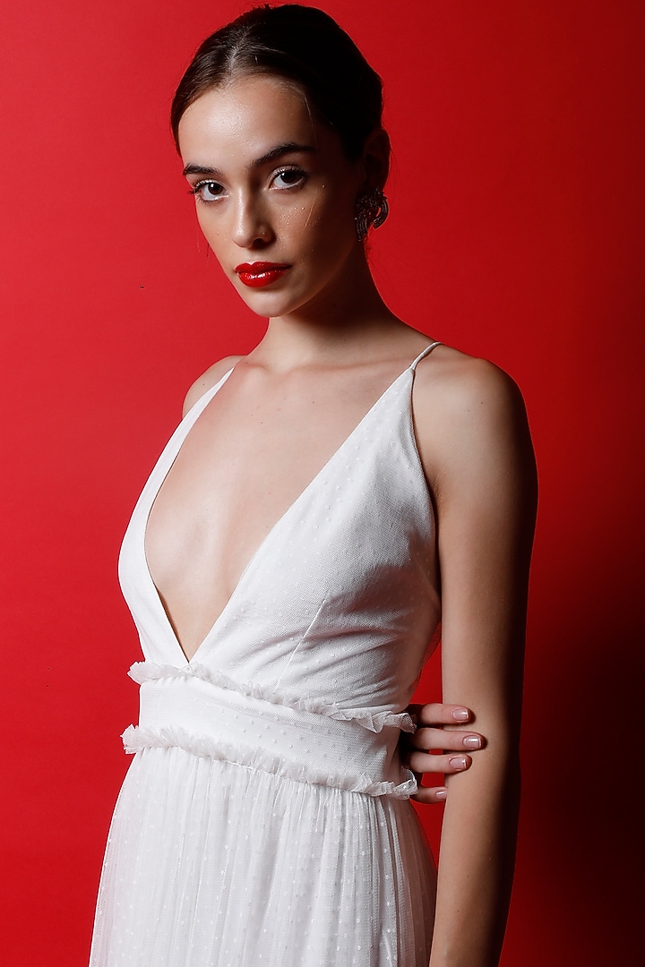 Ivory Polka-Dotted Lace Strappy Tiered Vacation Dress by Swatee Singh at Pernia's Pop Up Shop