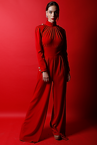 Candy Red Heavy Crepe Jumpsuit by Swatee Singh
