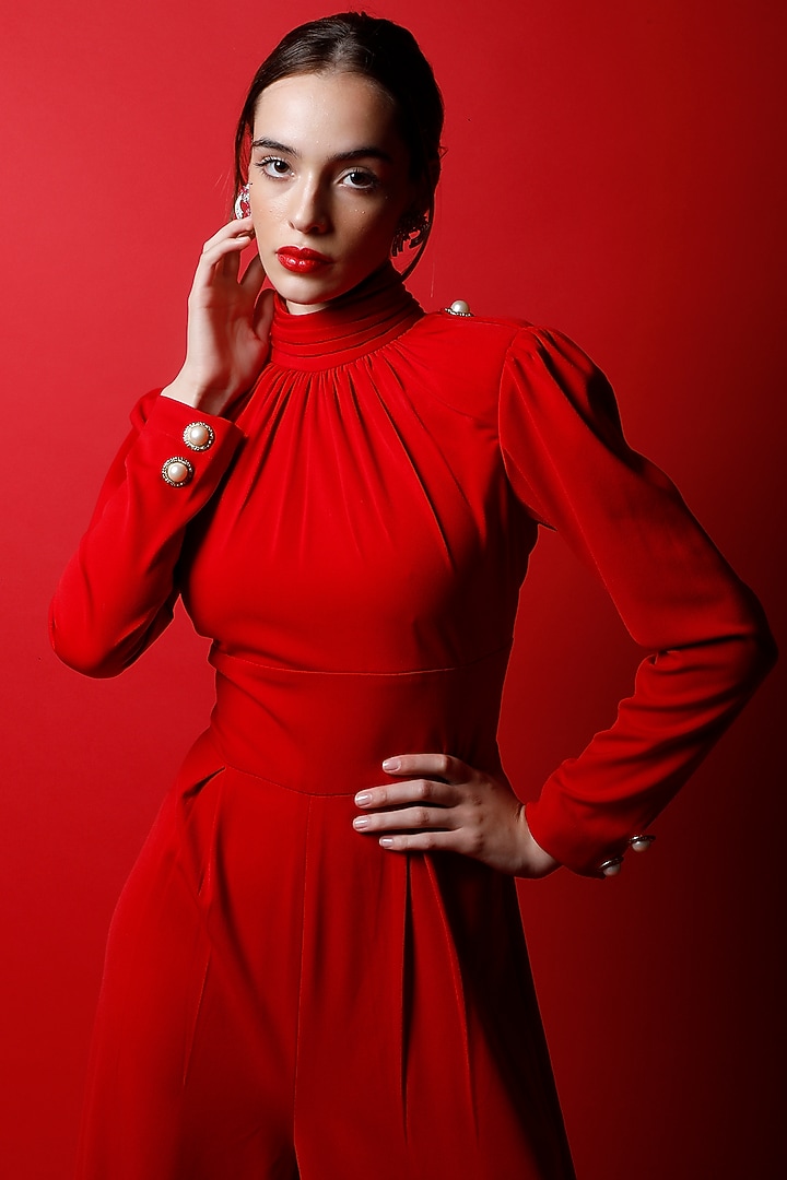 Candy Red Heavy Crepe Jumpsuit by Swatee Singh at Pernia's Pop Up Shop