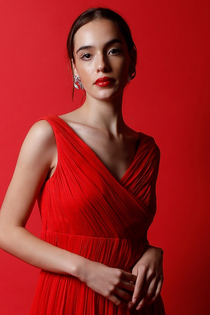 Candy Red Ruched Maxi Gown by Swatee Singh at Pernia's Pop Up Shop