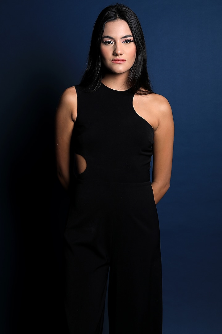 Black Heave Crepe Jumpsuit by Swatee Singh at Pernia's Pop Up Shop