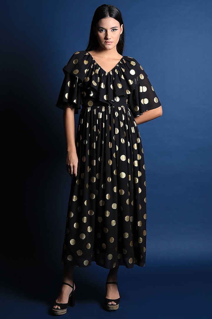 Black Georgette Printed Midi Dress by Swatee Singh