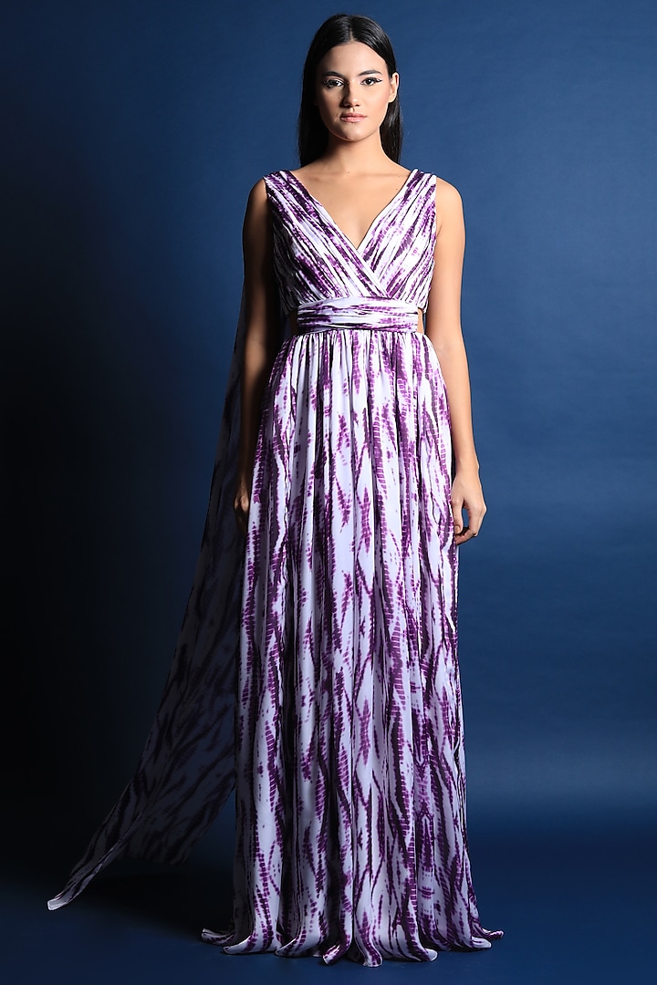 Purple Crepe Printed Gown by Swatee Singh