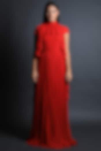 Red Georgette Ruffled Gown by Swatee Singh