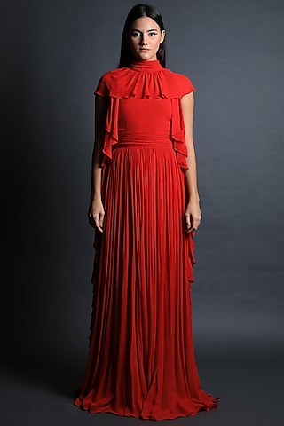 Red Georgette Ruffled Gown by Swatee Singh