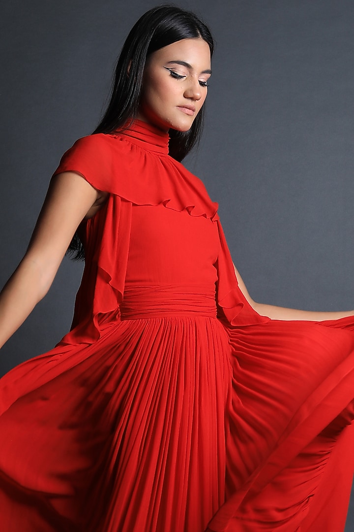 Red Georgette Ruffled Gown by Swatee Singh at Pernia's Pop Up Shop