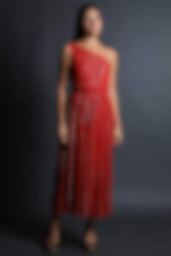 Red Georgette Midi Flared Dress by Swatee Singh