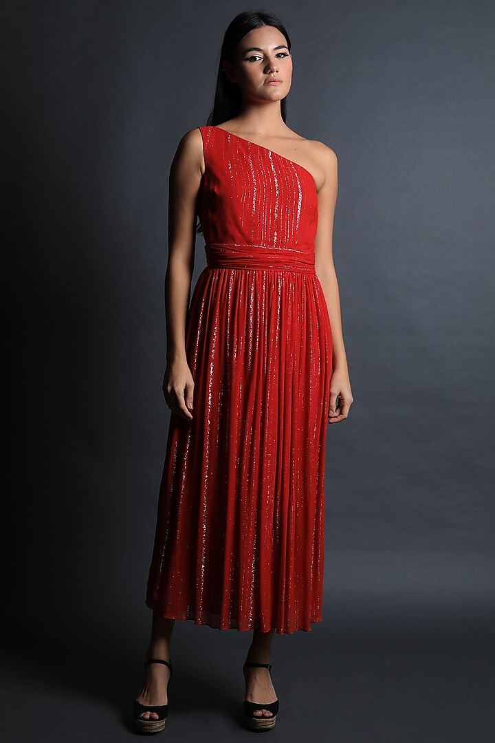 Red Georgette Midi Flared Dress by Swatee Singh