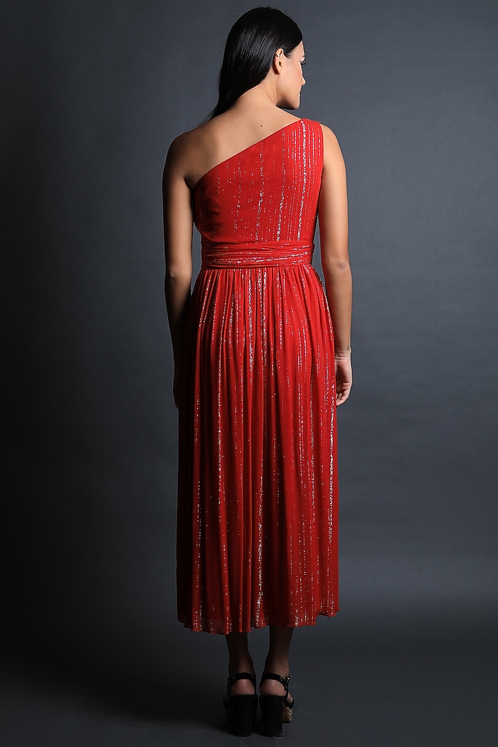 Red Georgette Midi Flared Vacation Dress by Swatee Singh at Pernia's Pop Up Shop