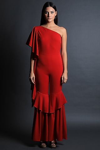 Red Heavy Crepe Jumpsuit by Swatee Singh