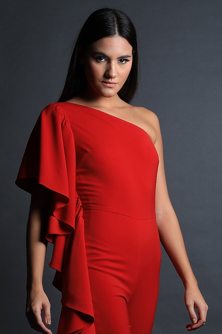 Red Heavy Crepe Jumpsuit by Swatee Singh at Pernia's Pop Up Shop