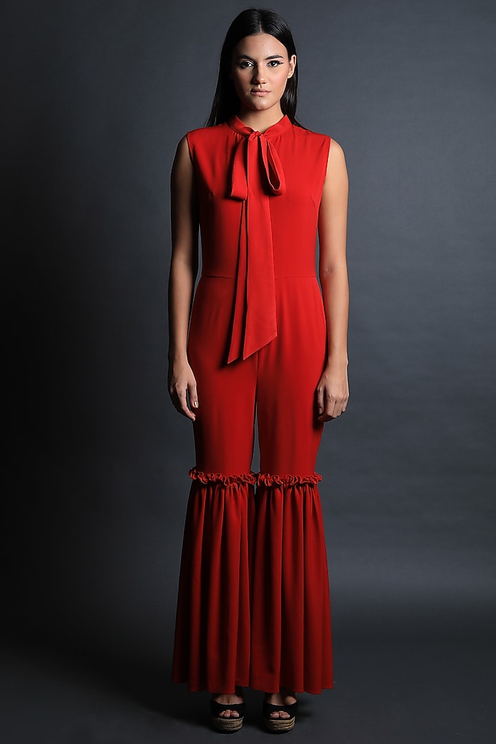 Red Heavy Crepe Scarf Collared Jumpsuit by Swatee Singh