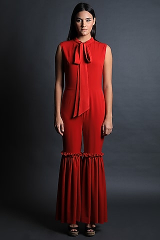 Red Heavy Crepe Scarf Collared Jumpsuit by Swatee Singh