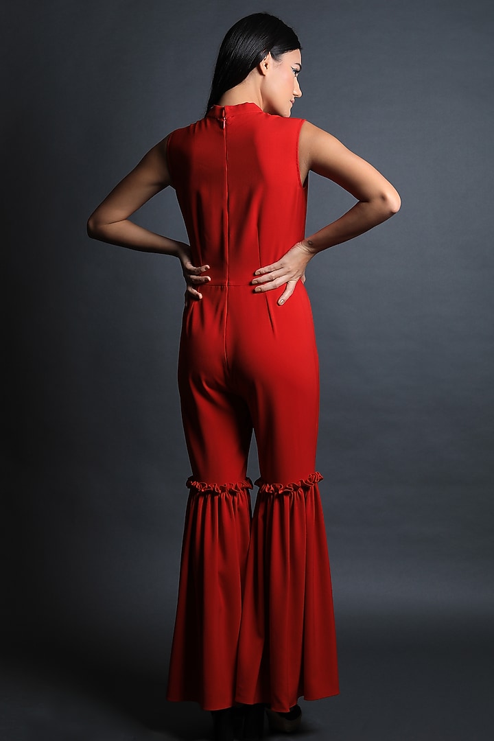 Red Heavy Crepe Scarf Collared Jumpsuit by Swatee Singh at Pernia's Pop Up Shop