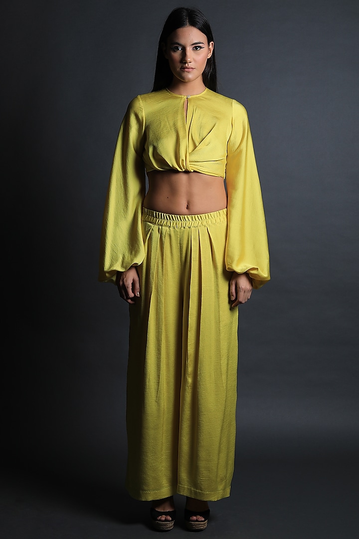 Lime Yellow Hammer Satin Pant Set by Swatee Singh at Pernia's Pop Up Shop