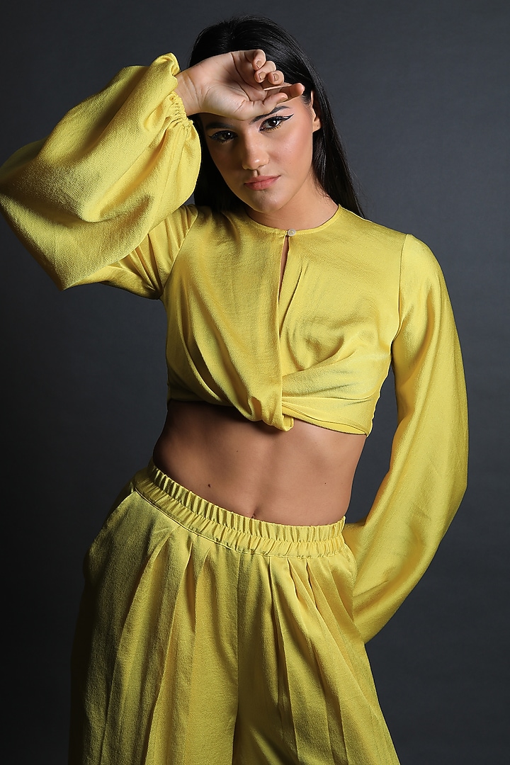 Lime Yellow Hammer Satin Pant Set by Swatee Singh at Pernia's Pop Up Shop