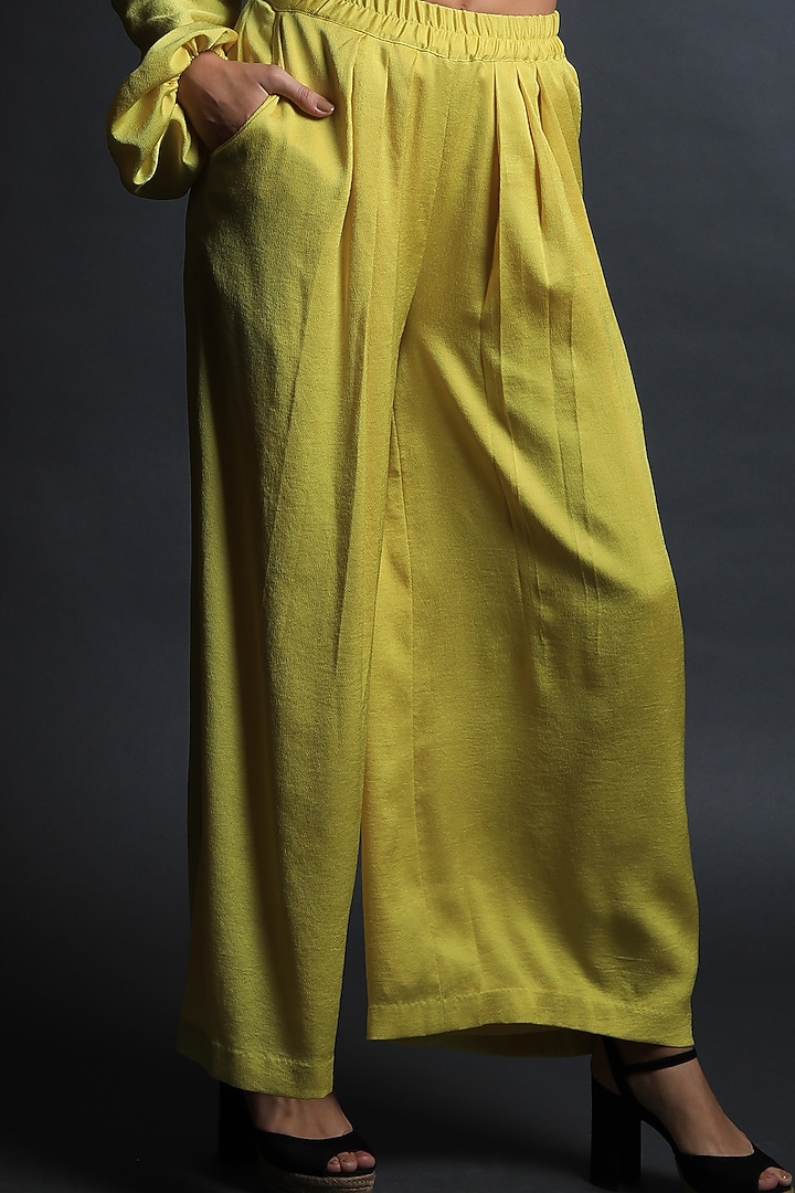 Lime Yellow Hammer Satin Pant Set by Swatee Singh at Pernia's Pop Up Shop