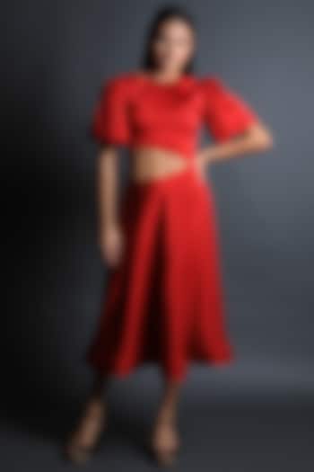 Candy Red Satin Flared Dress by Swatee Singh