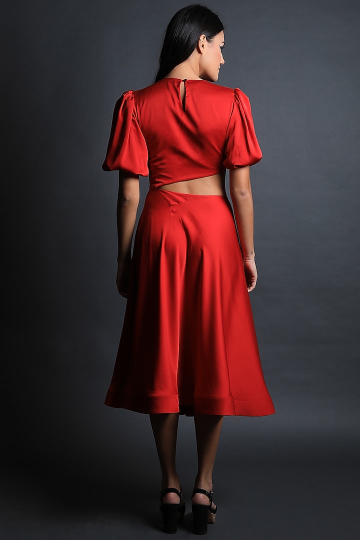 Candy Red Satin Flared Vacation Dress by Swatee Singh at Pernia's Pop Up Shop