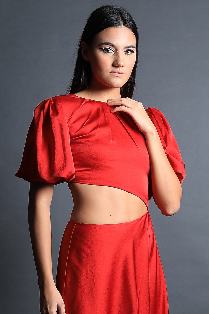 Candy Red Satin Flared Vacation Dress by Swatee Singh at Pernia's Pop Up Shop