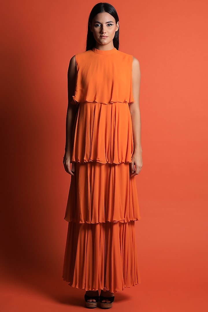Orange Georgette Tiered Maxi Gown by Swatee Singh