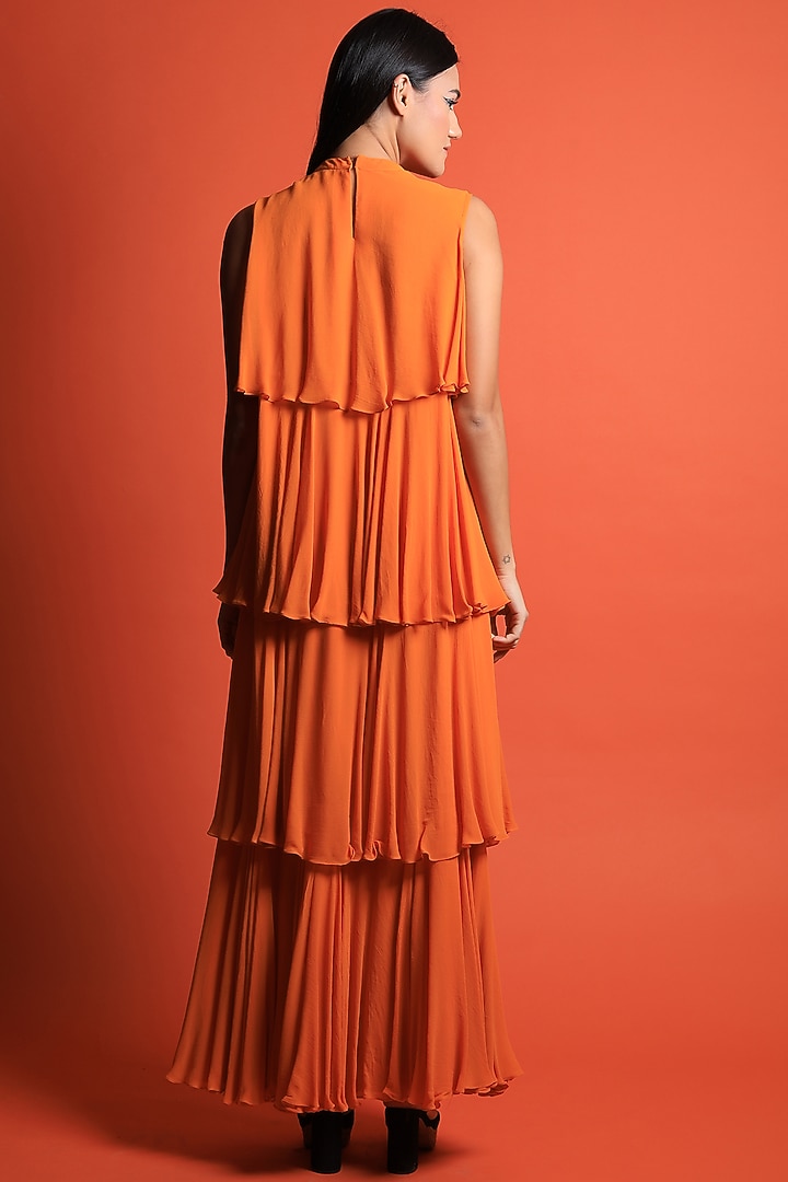 Orange Georgette Tiered Maxi Gown by Swatee Singh at Pernia's Pop Up Shop