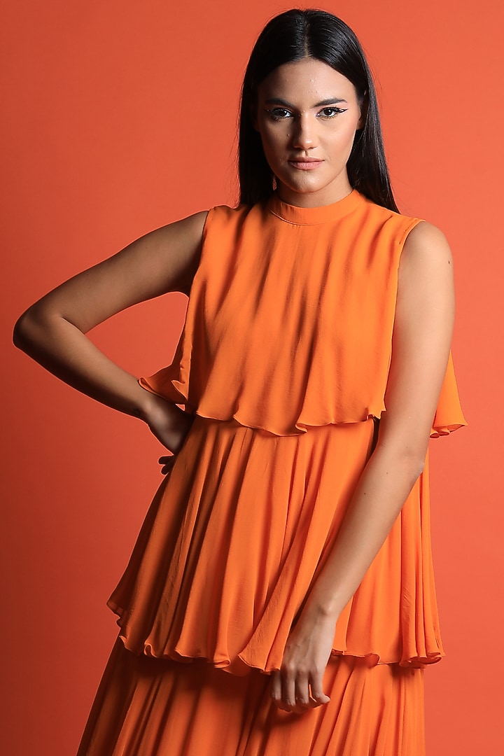 Orange Georgette Tiered Maxi Gown by Swatee Singh at Pernia's Pop Up Shop