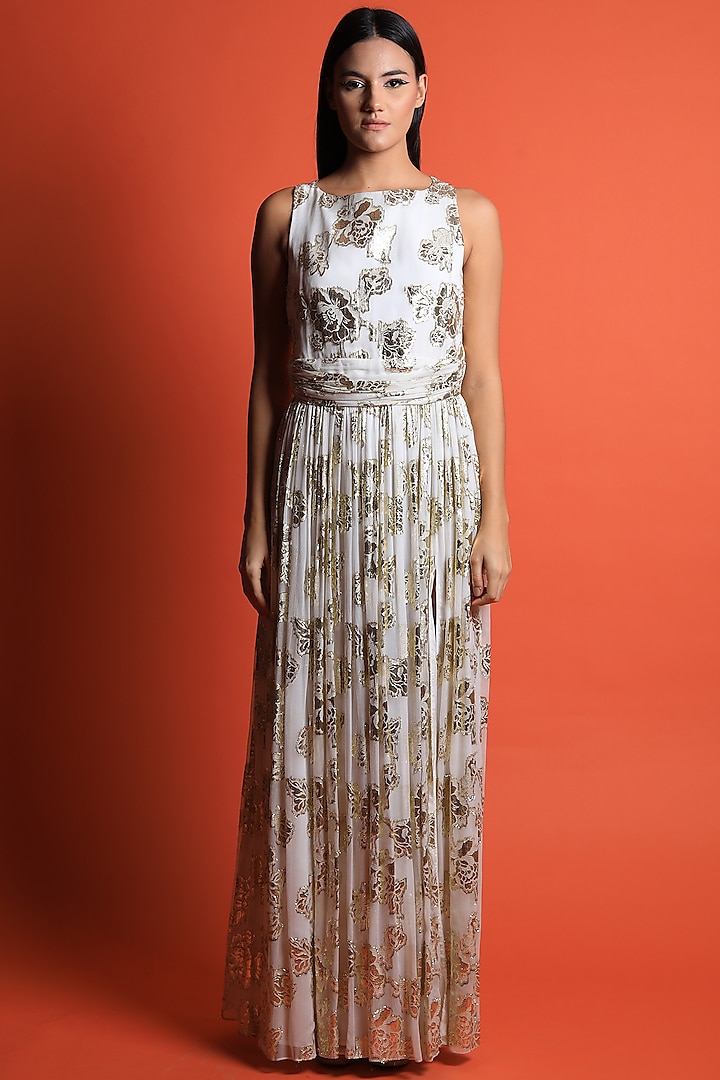 Ivory Gold Georgette Maxi Gown by Swatee Singh