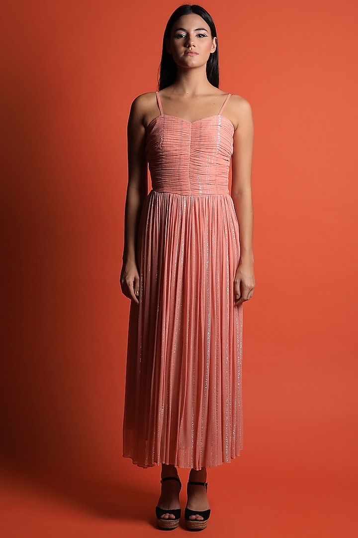 Peach Georgette Ruched Dress by Swatee Singh