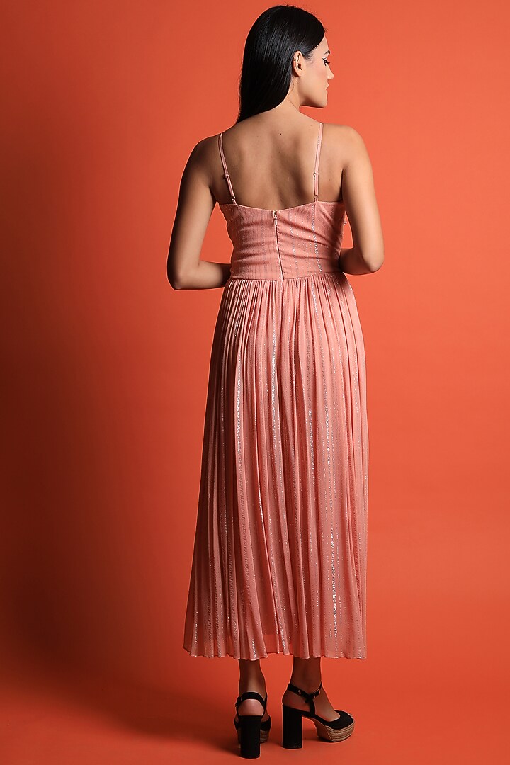 Peach Georgette Ruched Vacation Dress by Swatee Singh at Pernia's Pop Up Shop
